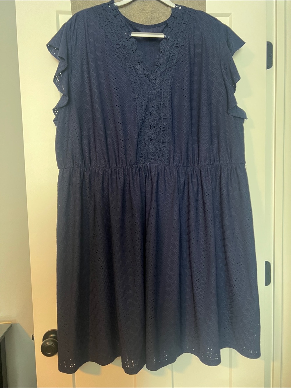 Navy Eyelet V-Neck Flutter Sleeve Dress